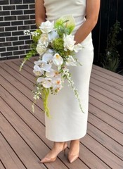 Pure White & Green Wedding waterfall Bouquet – artificial real touch orchid rose