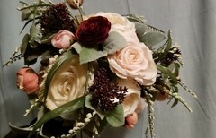 Bridal Bouquet Spray Peonies Roses Burgundy Peach White Sateen Wrapped Stems