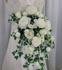 Dreamy White Rose and Ivy Cascade Faux Silk Wedding Bouquet