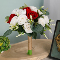 Wedding Rose Bouquet Bridesmaid Flower Bouquets, Artificial Flower Red White Ros