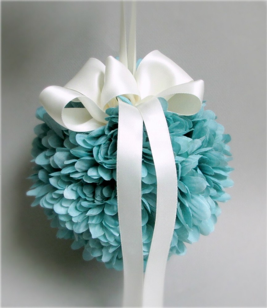 HANDMADE Turquoise Blue SILK Flower WEDDING Pomander Kissing Ball Decor Sphere