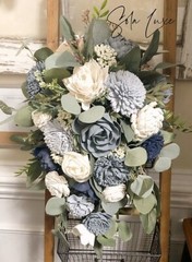 Bridal Bouquet Cascade Sola Wood Ivory Dusty Blue Slate Navy Wedding Flowers