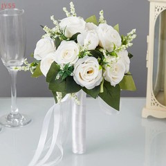 Bridal Wedding Bouquet White Silk Roses Artificial Flowers For Bridesmaid Gift