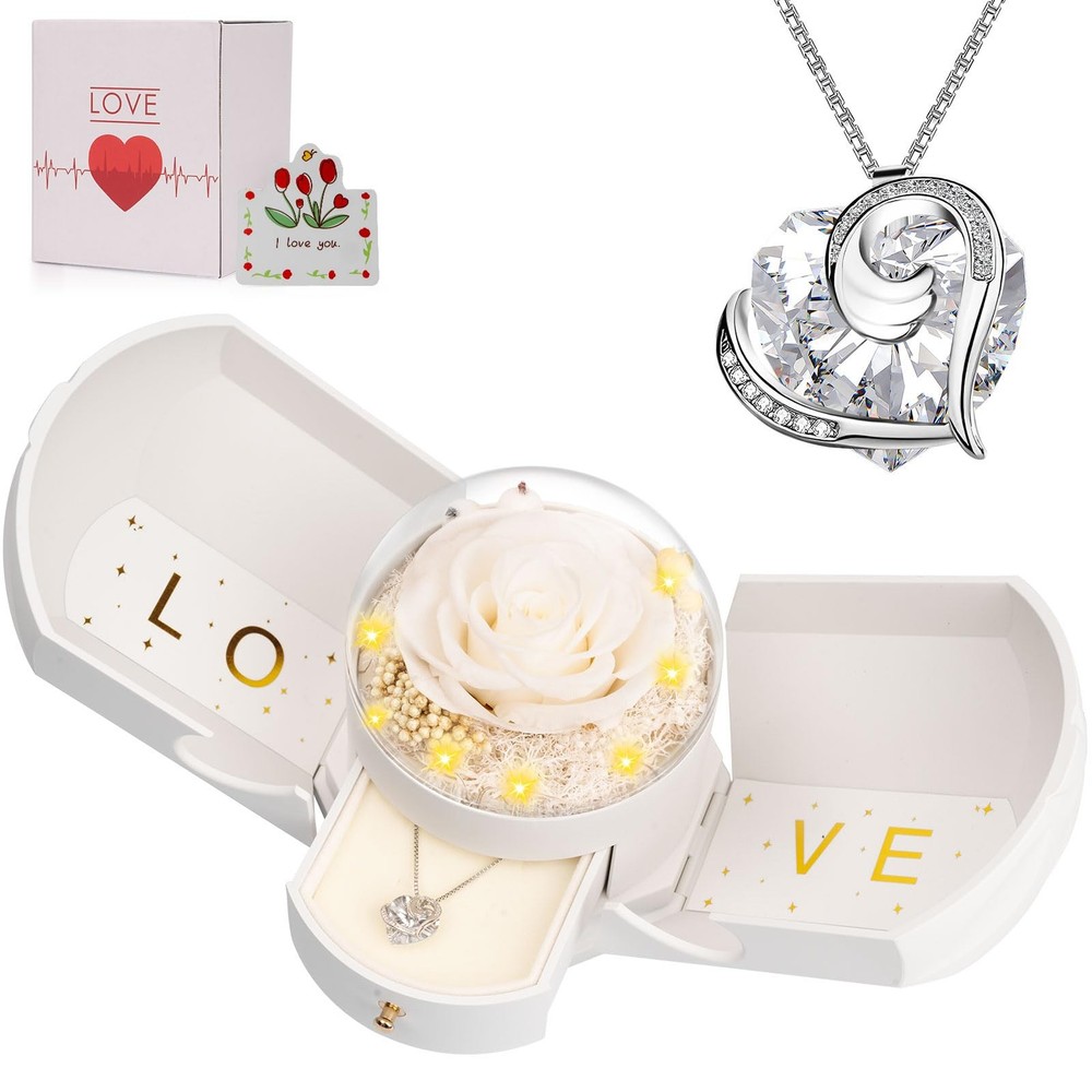 Preserved Real White Rose with Necklace Forever Flowers Valentines
