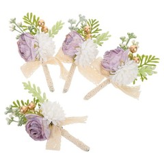 4 Pcs Groom Flower Pin Wedding Boutonniere for Men Artificial Corsage