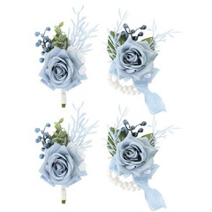 2 Set Rose Corsage and Boutonnieres Set for Groom Bride Groomsmen Light Blue