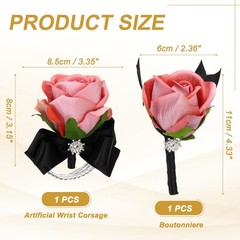 2Pcs Wrist Corsage Boutonnieres Set with Black Ribbon, Autumn Pink