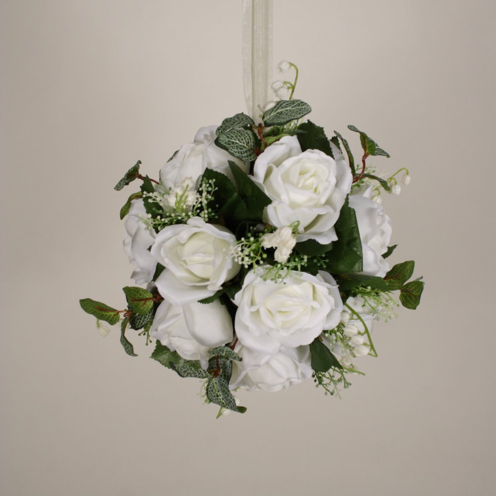 Pomander 8″ Hanging Bouquet Silk Wedding Kissing Ball Flowers #32 White