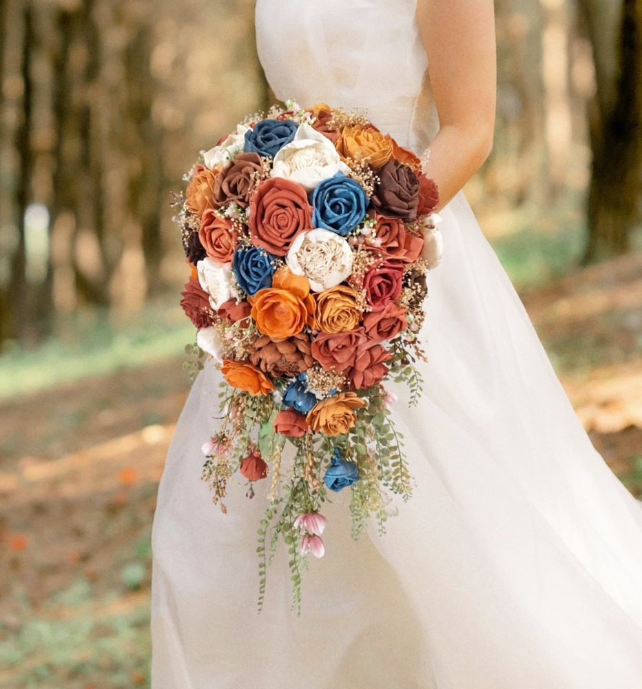 Burnt Orange Blush Bridal Bouquet Sola Wood Fall Color Blue BOHO Wedding Flowers