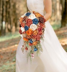 Burnt Orange Blush Bridal Bouquet Sola Wood Fall Color Blue BOHO Wedding Flowers