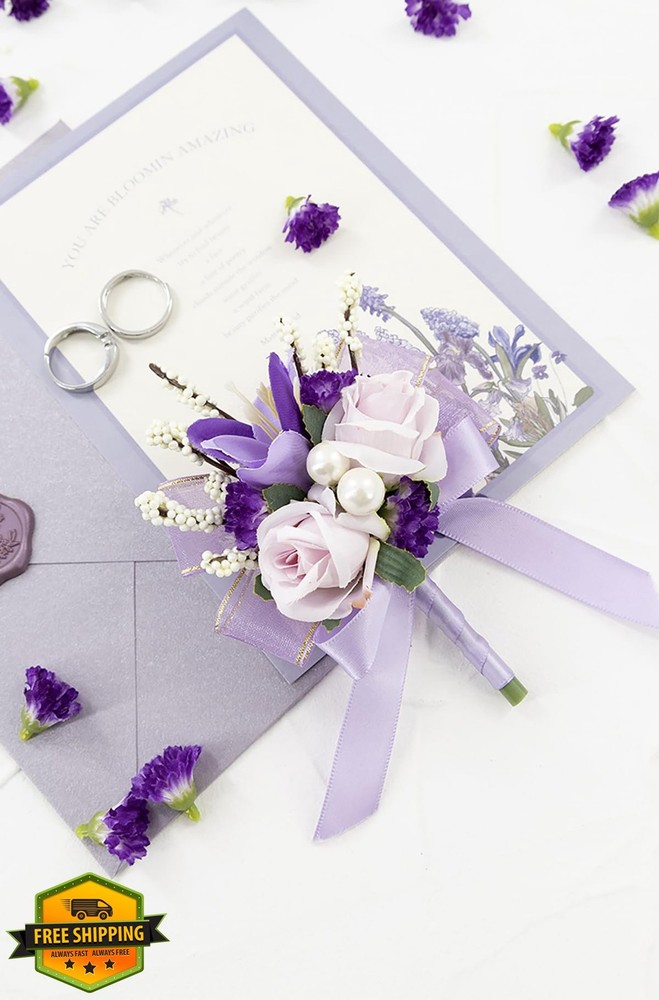 Yelinart Purple Rose Corsage Boutonniere Set Lavender Wedding