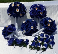 17 Piece Wedding Bouquet Package, Blue Roses, White Daisies, Wedding Bouquet Set