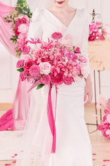 Hot Pink 17″ Artificial Bridal Bouquet – Realistic Silk Flowers for Weddings & D