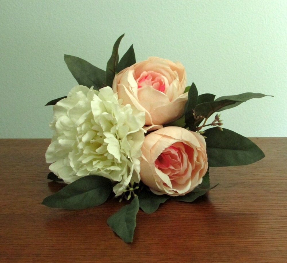Silk Flower WEDDING BOUQUET Pink Roses, White Peony, Eucalyptus