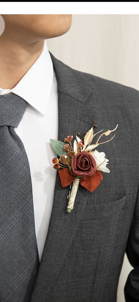 Artificial Rose Boutonnière Wedding Pack of 2 Brown White Green Gold Floral