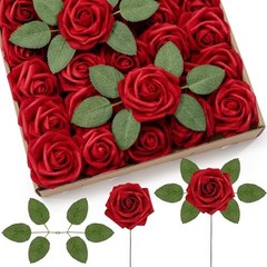 Artificial Flowers Pcs Foam Real Looking Roses with Stems, Fake 25 Dark Red