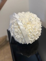 Wedding Flower Ball Pomander Ivory White Satin Roses Crystal Rhinestone Kissing