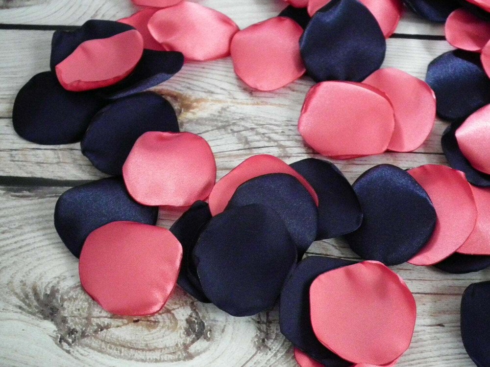 Coral and navy satin rose petals, 100 count artificial petals