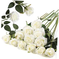 12PCS Artificial Silk Flowers Realistic Roses Bouquet 6 Flowers 6 Buds White