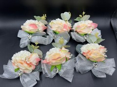 Floral Wrist Corsages – 6 – Roses/carnations with greenery, silver bow & bling