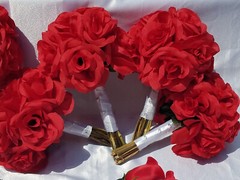 13 Pc. Wedding Bouquet Package, Red Roses, White Ribbon, Red Wedding Bouquet Set