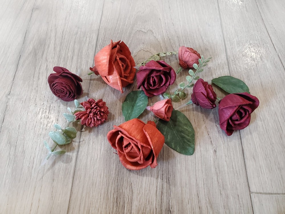 Burnt Orange & Wine Wedding Cake Flower Topper Burgundy Red Sola Wood DIY Decor