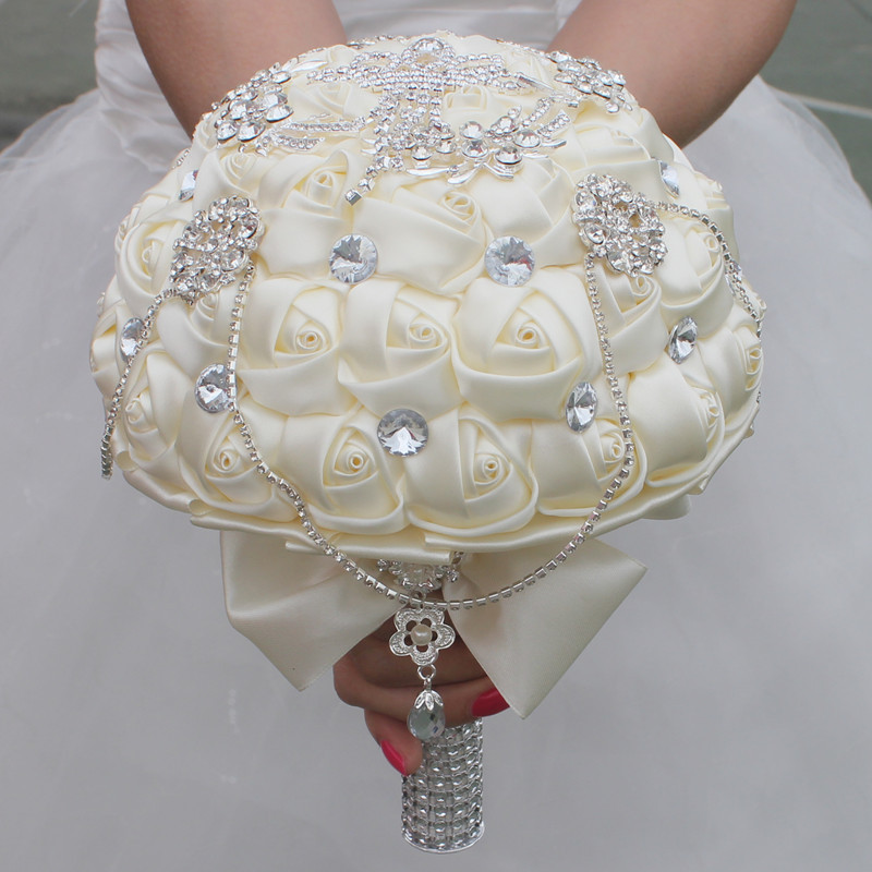 Crystal Pearls SILK Flowers HANDMADE Rose Wedding Flower Bridal Bouquet Brooch