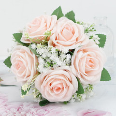 Burgundy & Peach Pink Artificial Bridesmaid Bouquets Set of 6 for Weddings
