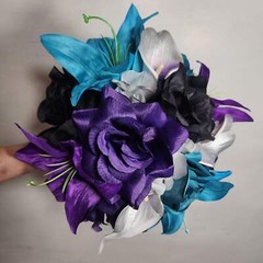 Purple Black Teal Silver Rose Calla Lily Bridal Wedding Bouquet Accessories