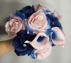 Pink Navy Blue Rose Calla Lily Bridal Wedding Bouquet Accessories