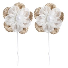 6 PCS DAVID TUTERA NATURAL BURLAP/ORGANZA FLOWER PICKS w/ PEARL CENTER – 2″x6.5″