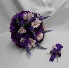 Rustic Package Silk Flower Wedding Bridal Bouquet Eggplant Lavender Lace Burlap