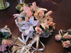 5Pc Wedding Pkg 12″ Bride Bouquet Silk Peach Roses & Lilies 3 Bridesmaid 1groom