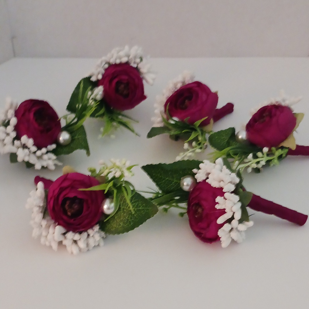 6pcs Artificial Rose Groom Boutonniere Faux Silk 2in Red/White/Green Wedding