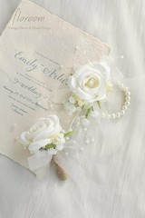 Ivory Rose Wrist Corsage Bracelet Wristlet Band and Men Boutonniere Set for W…