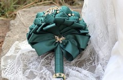 Artificial Green Rose Ball Wedding Bouquet, Gold Rhinestone Brooch Accents