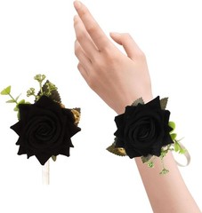 Adjustable Black Rose Wrist Corsage & Elegant Boutonniere Set – Ideal for Events