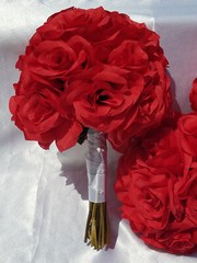 13 Pc. Wedding Bouquet Package, Red Roses, White Ribbon, Red Wedding Bouquet Set