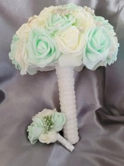 Bride Brooch Bouquet and Groom Boutonnière (Mint Green and off White