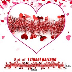 33 Ft Valentine’s Day Tinsel Garland,White Heart Metallic Hanging Garland Red
