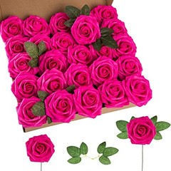 Artificial Flower Foam Rose 25pcs Real Looking Fake Rose with 25PCS Hot Pink