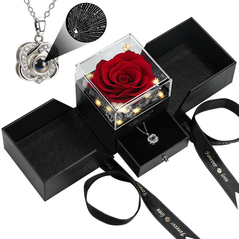 woxafo Preserved Real Red Rose with I Love You Heart Necklace 100 Normal,