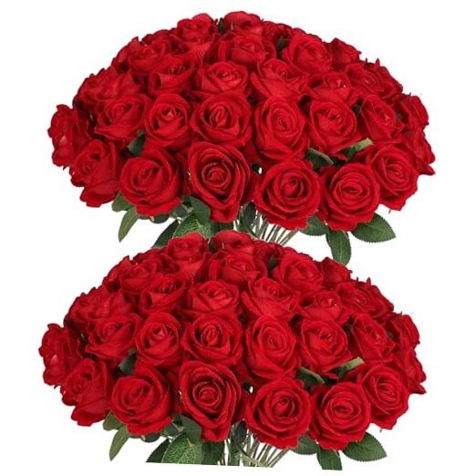 50 PCS Fake Roses, Artificial Flowers Bulk Realistic Silk Faux Rose 50 Pcs Red