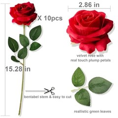10 PCS Velvet Fake Red Roses Artificial Red Flowers Bulk, Silk Faux Roses with