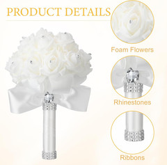 Elegant 10-Piece White Rose Wedding Bouquet Set with Diamond Ribbons