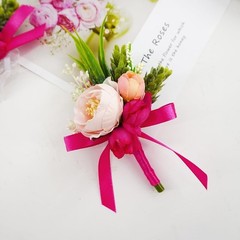 Artificial Rose Wrist Corsage – Fuchsia & Peach Flowers with Greenery – Wedding,