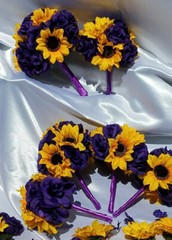24 Pc Wedding Bouquet Set, Purple Rose, Yellow Sunflowers, Bouquet Package