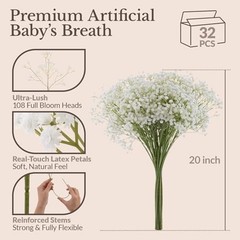 Pcs Babys Breath Artificial Flowers Bulk, 20″ Faux Flowers with Long 32 White