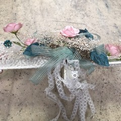 Vintage Shabby Chic Heart Wedding Bouquet Lace Green Ribbon & Pink Roses Wrist