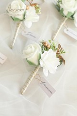 6x Ivory Foam Rose Boutonniere Groom Wedding Boutonnieres for Men Set with Pins